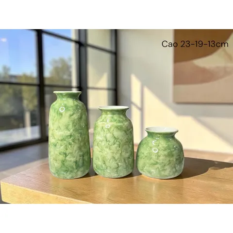 Set 3 bình hoa lọ hoa gốm Bát Tràng cao cấp men cẩm thạch, vân mây nhiều màu phù hợp các loại hoa decor nhà sang làm quà
