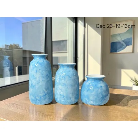 Set 3 bình hoa lọ hoa gốm Bát Tràng cao cấp men cẩm thạch, vân mây nhiều màu phù hợp các loại hoa decor nhà sang làm quà