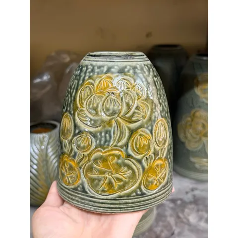 Bình Hoa Gốm Mini 15cm | Để Bàn Decor Dáng Chuông Vân Ganh Gốm Sứ Bát Tràng men gốm sắc nét họa tiết vân ngang