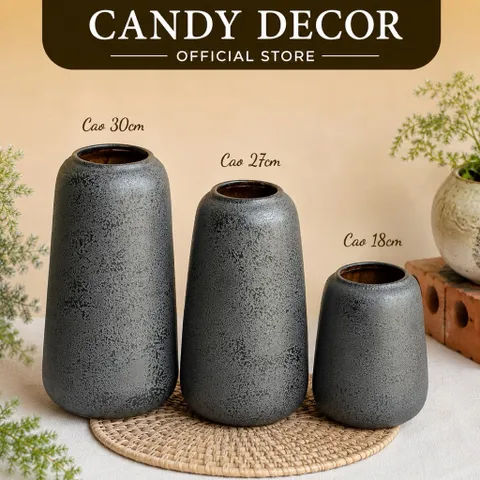 Bộ 3 lọ hoa dáng đu đủ MEN ĐEN NHÁM, bình hoa decor gốm Bát Tràng có 3 size 18,27,30cm phù hợp các loại hoa
