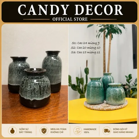 Set 3 Lọ Hoa Men Hoả Biến Để Bàn Phù Hợp Decor Nhà Cửa, Men Mộc Cắm Đa Dạng Các Loại Hoa