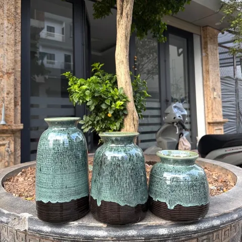 Set 3 Lọ Hoa Men Hoả Biến Để Bàn Phù Hợp Decor Nhà Cửa, Men Mộc Cắm Đa Dạng Các Loại Hoa