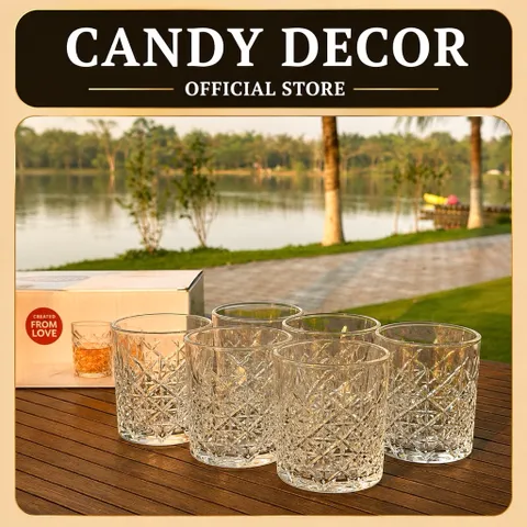 Bộ 6 ly thuỷ tinh/ cốc thuỷ tinh chính hãng Deli dung tích 340ml chịu nhiệt tốt hoạ tiết kim cương phong cách châu Âu