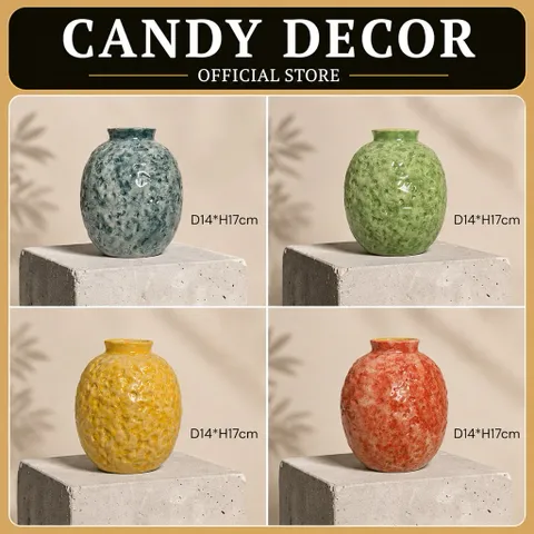 Bình hoa lọ hoa DÁNG VÒ CẨM THẠCH tròn cao 18cm Bát Tràng cao cấp, phù hợp decor trang trí nhà cửa, bàn làm việc
