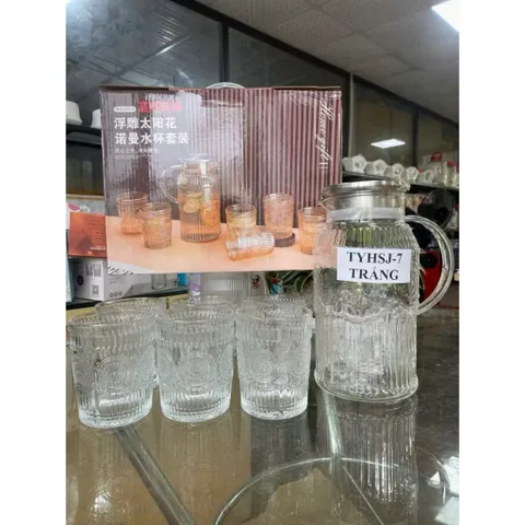 Bộ bình 1,5L và 6 ly thuỷ tinh hoạ tiết mặt trời cao cấp phong cách châu Âu chịu nhiệt tốt