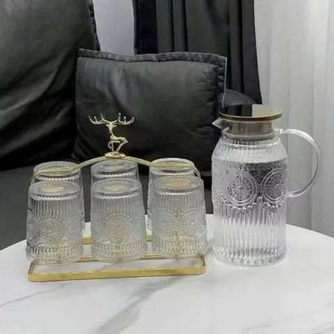 Bộ bình 1,5L và 6 ly thuỷ tinh hoạ tiết mặt trời cao cấp phong cách châu Âu chịu nhiệt tốt
