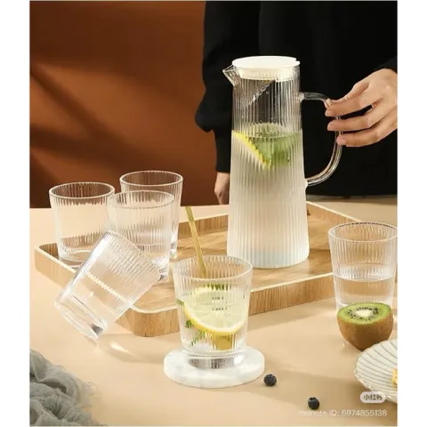 Bộ bình kèm 6 ly thuỷ tinh chính dãng Deli dung tích  250ml chịu nhiệt tốt dùng để uống trà, cà phê, sinh tố,..