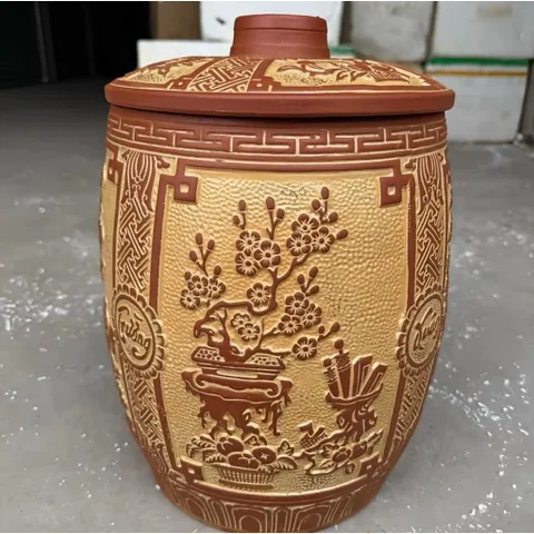 Hũ gạo [10-20kg] - Hũ gạo phong thủy điêu khắc chữ Phú - Quý - Trường - Xuân Bát Tràng cao cấp, mang lại vượng khí tốt