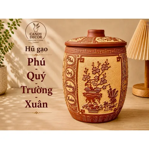 Hũ gạo [10-20kg] - Hũ gạo phong thủy điêu khắc chữ Phú - Quý - Trường - Xuân Bát Tràng cao cấp, mang lại vượng khí tốt