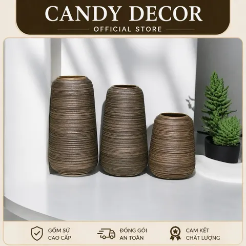 Set 3 bình hoa dáng đu đủ nâu ÁNH KIM cao cấp, gốm sứ Bát Tràng, decor trang trí nhà xinh