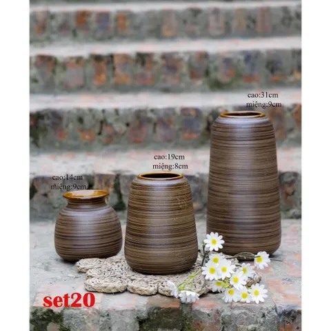 Set 3 bình hoa dáng đu đủ nâu ÁNH KIM cao cấp, gốm sứ Bát Tràng, decor trang trí nhà xinh