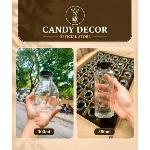 Chai thuỷ tinh vuông lùn cao 300ml và 350ml chất liệu dày dặn đựng nước ép, sinh tố decor xinh xắn