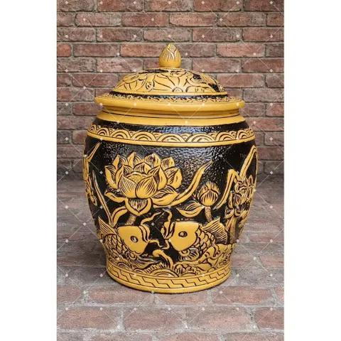 Hũ gạo [10-20kg]- Chĩnh đựng gạo hoạ tiết sen cá cổ Tài Lộc, Hũ đựng gạo, Chum gạo tài lộc phong thuỷ tài lộc