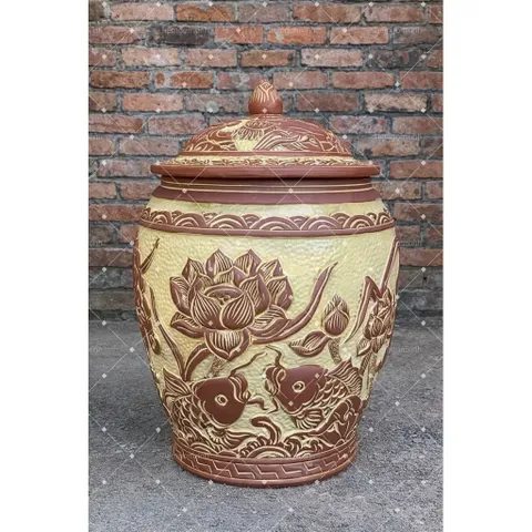 Hũ gạo [10-20kg]- Chĩnh đựng gạo hoạ tiết sen cá cổ Tài Lộc, Hũ đựng gạo, Chum gạo tài lộc phong thuỷ tài lộc