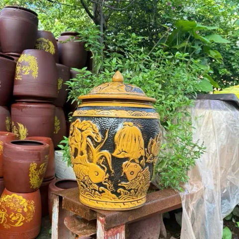 Hũ gạo [10-20kg]- Chĩnh đựng gạo hoạ tiết sen cá cổ Tài Lộc, Hũ đựng gạo, Chum gạo tài lộc phong thuỷ tài lộc