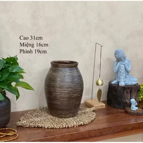 Bình gốm cắm hoa dáng chum miệng rộng cao 31cm thích hợp cắm nhiều loại hoa gốm sứ Bát Tràng