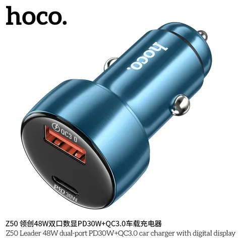 Tẩu Sạc Ô Tô Hoco Z50 Sạc Nhanh 48W 2 Cổng Type C USB Màn Hình LED Điện Áp Cao Cấp (P131373)