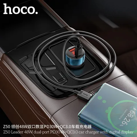 Tẩu Sạc Ô Tô Hoco Z50 Sạc Nhanh 48W 2 Cổng Type C USB Màn Hình LED Điện Áp Cao Cấp (P131373)
