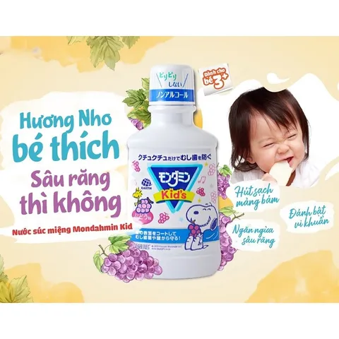 Nước Súc Miệng Cho Trẻ Em Mondahmin Kid White Conc Nhật Bản Hương Dâu, Hương Nho 250ml
