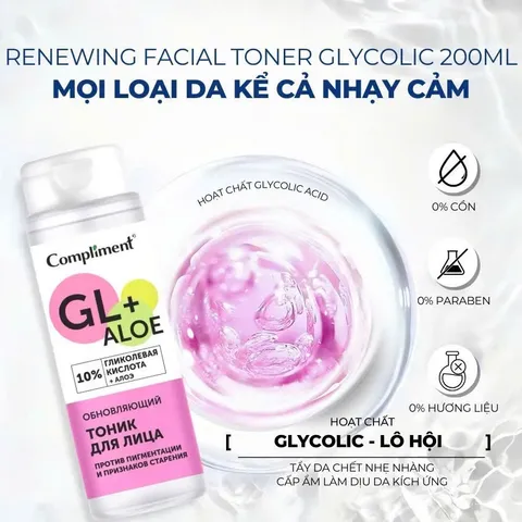 Toner Glycolic Acid 10% RT Compliment Dưỡng Ẩm, Cân Bằng Độ pH, Mờ Thâm Nám, Tái Tạo Làn Da 200ml