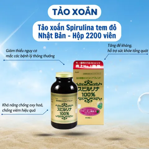 Tảo xoắn tem đỏ Deep Ocean Japan Algae Water Spirulina Nhật Bản 2200 viên