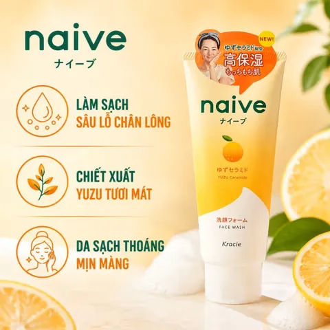 Sữa Rửa Mặt Kracie Naive Foaming Face Wash Làm Sạch Dịu Nhẹ Dưỡng Ẩm Mịn Da Nhật Bản Tuýp 130g