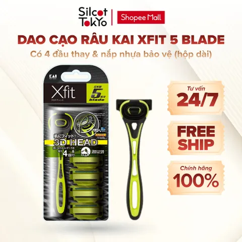 Dao cạo râu Kai Xfit 5 blade White Conc Nhật xanh lá có 4 đầu thay và nắp nhựa bảo vệ (hộp dài)