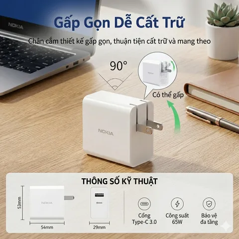 Củ sạc nhanh 65W Nokia P6309 , hai cổng sạc USB-C + USB-A, có PPS (P130509)