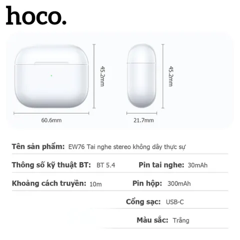 Tai nghe không dây Hoco EW76, Bluetooth 5.4, kết nối nhanh, ổn định , sử dụng liên tục 4h (P130433)
