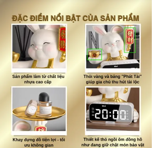 Tượng Thỏ Thần Tài THT DECOR Tượng Thỏ Decor Phát Tài Kèm Đồng Hồ Điện Tử LED Hiện Đại Trang Trí Nhà (P130347)