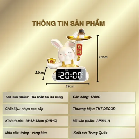 Tượng Thỏ Thần Tài THT DECOR Tượng Thỏ Decor Phát Tài Kèm Đồng Hồ Điện Tử LED Hiện Đại Trang Trí Nhà (P130347)