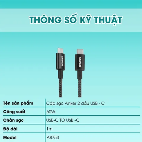 Cáp sạc Type c to typec c 60W dây sạc nhanh Anker cho iP 15 trở lên,androi chân TyC  [ko hôp] (P129762)