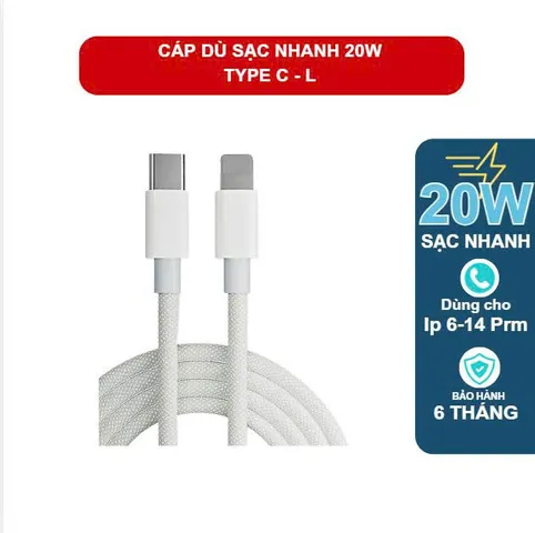 Cáp sạc nhanh C- L PD 20W cho máy 8-14prm cáp bọc dù chống đứt gãy bảo hành 6 tháng (P129760)