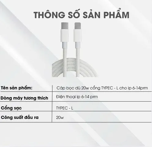Cáp sạc nhanh C- L PD 20W cho máy 8-14prm cáp bọc dù chống đứt gãy bảo hành 6 tháng (P129760)