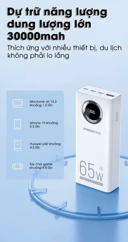 Sạc dự phòng PISEN Pro Digital PowerLap 65W - 30.000mAh (hàng new no box) (P129435)