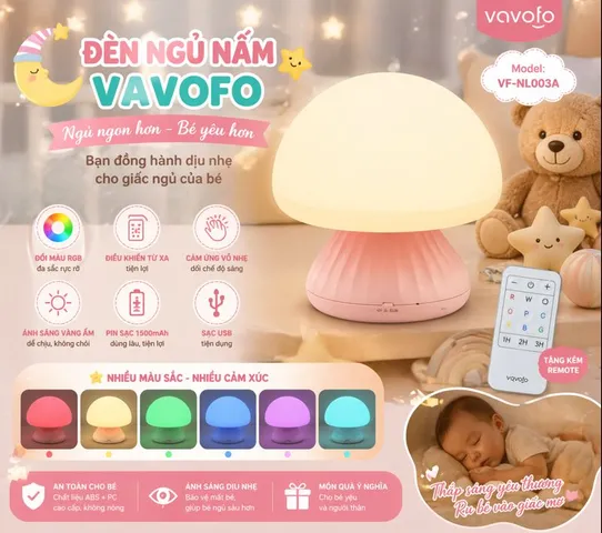Đèn ngủ nấm VAVOFO - RGB đổi màu, cảm ứng + điều khiển, tích pin tiện lợi, đa chức năng - VỎ XẤU (P129419)