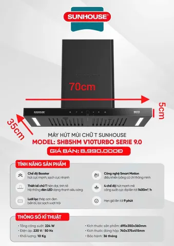 MÁY HÚT MÙI CHỮ T SUNHOUSE SHB5HM V10TURBO SERIE 9.0 (P129292)