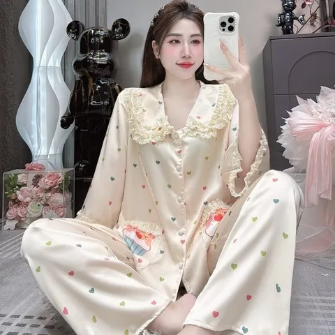 (40-60kg) Pijama tay lỡ cổ ren tiểu thư