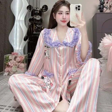 (40-60kg) Pijama tay lỡ cổ ren tiểu thư