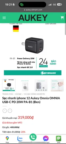 Củ sạc nhanh 20W Aukey Omnia PA-B1  + Quà 59K (P127083)