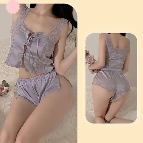 Bộ Ngủ Sexy Lụa 2 Dây Phối Ren Gợi Cảm Cao Cấp Set Bộ Pijama Nữ Có Nút Cài Mặc Nhà Quyến Rũ Đáng Yêu - N213 Tím
