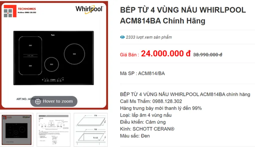 Bếp điện từ 4 vùng nấu Whirlpool cao cấp chính hãng (P126458)