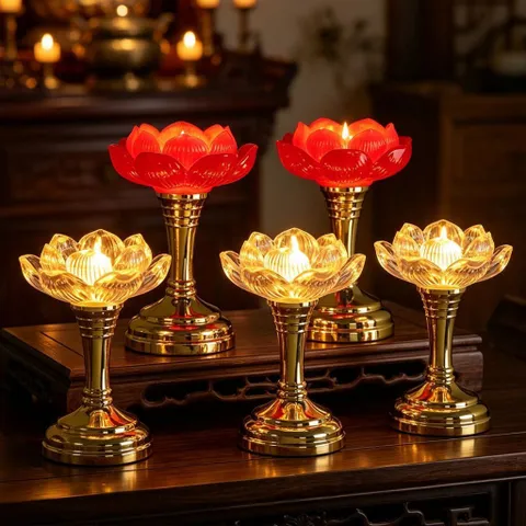 Bộ 2 Đèn Thờ Hoa Sen Điện Tử LED Tặng Pin AAA - Nến Hoa Sen Không Khói Trang Trí Bàn Thờ Phật Gia Tiên