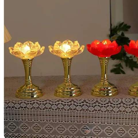 Bộ 2 Đèn Thờ Hoa Sen Điện Tử LED Tặng Pin AAA - Nến Hoa Sen Không Khói Trang Trí Bàn Thờ Phật Gia Tiên
