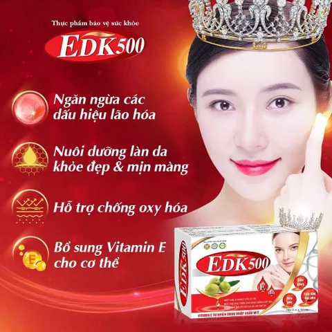 Vitamin E Đỏ EDK500 – Hỗ Trợ Làm Đẹp Da, Chống Oxy Hóa, Dưỡng Sáng, Làm Chậm Lão Hóa Da, Hộp 30 Viên