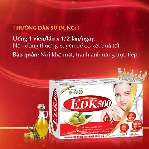 Vitamin E Đỏ EDK500 – Hỗ Trợ Làm Đẹp Da, Chống Oxy Hóa, Dưỡng Sáng, Làm Chậm Lão Hóa Da, Hộp 30 Viên
