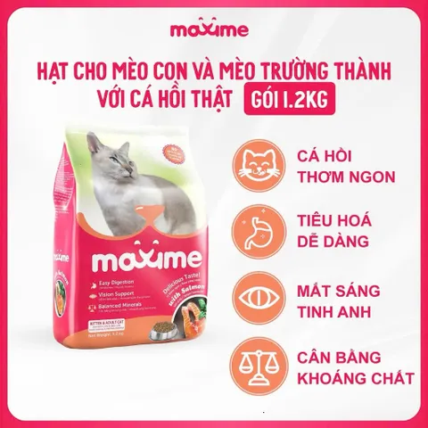 Thức ăn mèo con & mèo lớn vị cá hồi Maxime - Hạt cho mèo mọi độ tuổi gói 1,2kg