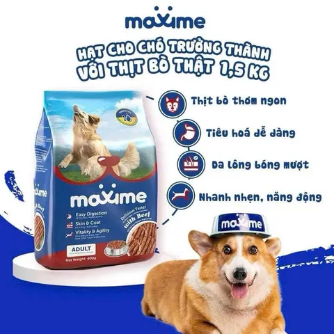 Thức ăn vị bò nướng dành cho tất cả các giống chó Maxime Adul gói 400g & 1,5kg