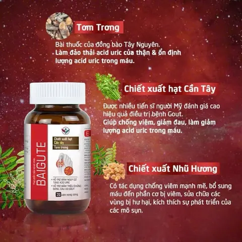 BAIGUTE - 20 viên - Hỗ trợ giảm nguy cơ tăng acid uric, hỗ trợ giảm triệu chứng sưng đau do gout