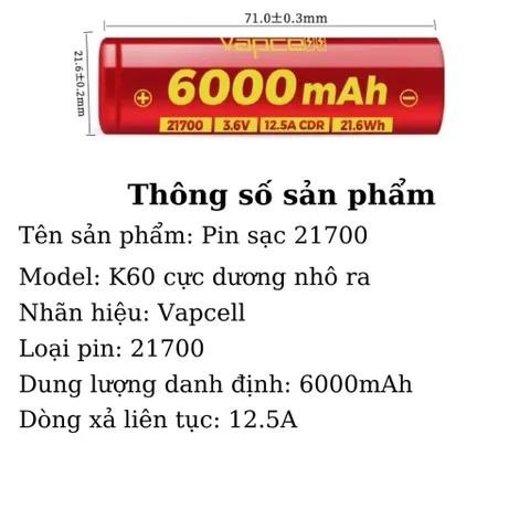 Pin 21700 Vapcell cao cấp dung lượng siêu cao 6000mah , chính hãng , cho thời gian sử dụng lâu hơn